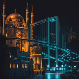 some buildings and some lights are shown on the building
