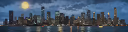 a picture of a city skyline with a full moon and reflections