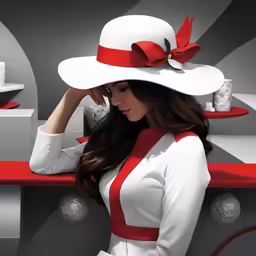 woman in white with red ribbon outfit wearing hat