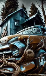 an old rusted car with trees growing through it