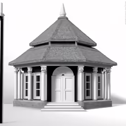 there is a white building with a black gate