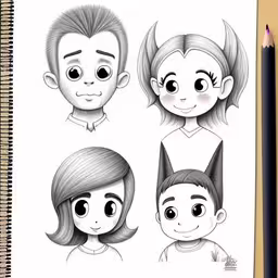 some drawing of faces on a notebook next to pencil,a drawing of an animation character