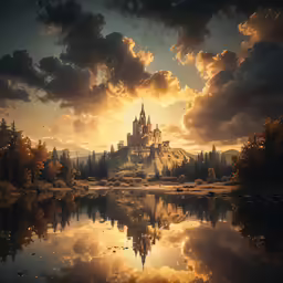 a fantasy castle sitting in the middle of a lake with clouds and trees around