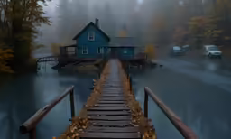 a pathway leads to a cabin on an autumn day
