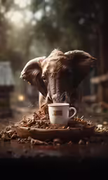 there is a cup on the table and the elephant is eating