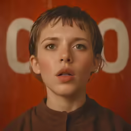 a woman looking straight up in front of an advertisement