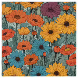 an art print of a bouquet of flowers,a group of multicolored flowers with green leaves
