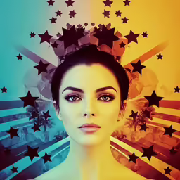 a girl is posing with star shapes above her head