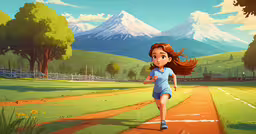 a cartoon illustration of a girl jogging in the field,a little girl is running on a road