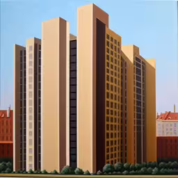 a painting of the outside of a large apartment building,a painting of a city with buildings and trees