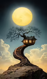 a tree house is perched on a cliff with steps going up from it to the moon