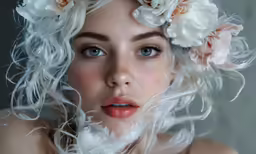 a woman wearing flowers is posing for the camera