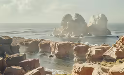people are standing on the rocks overlooking the water