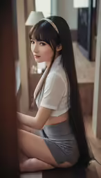 an image of a woman sitting on the floor wearing an asian headband
