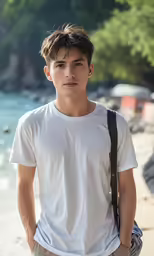 the man is on a beach by the water