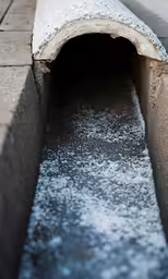 a snow - covered sidewalk with an opening to a tunnel