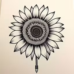a drawing of a sunflower on white paper,the pen has a black and white flower on it