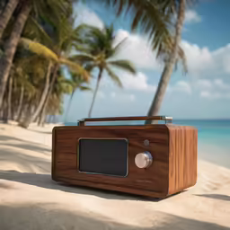 an old fashioned radio sitting on the beach