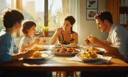 several people sit around a table to eat dinner