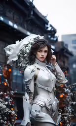 a woman dressed as a robot holding a umbrella