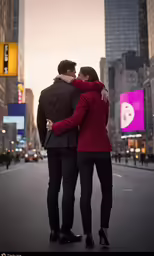 a couple hug while standing in the middle of an empty street