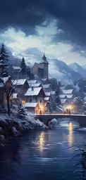 a snowy landscape with a castle in the background,a painting of a snow covered village by the lake