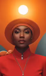 a person with a red dress and a yellow hat