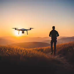 a person walking in a field with a camera attached to the front of his arm, near a large commercial airplane