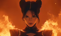 a woman in ears and body with a lot of fire around her