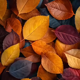 a pile of colorful leaves on top of a wooden table