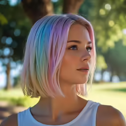the model has pastel hair and blue eyes