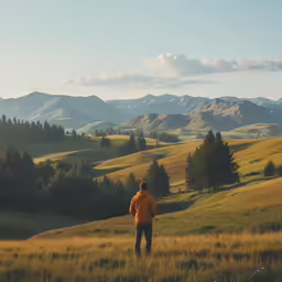 there is a man standing in the grass and looking at hills