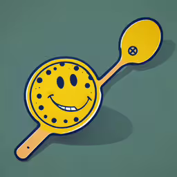 a smiley face drawn on top of a yellow spatula,a wooden handle with a smiling face drawn on it