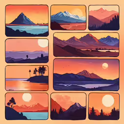 an orange poster depicting a beautiful view,many mountains and trees in silhouettes at sunset