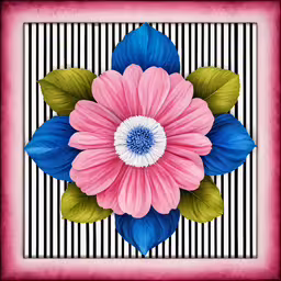 pink and blue flower with leaves on striped background,a painting of a flower in the center of a black and white stripes