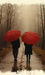 two people with red umbrellas walking down a rain soaked pathway