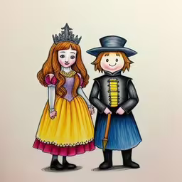 there is a watercolor illustration of children wearing costume,a drawing of a couple dressed up as children