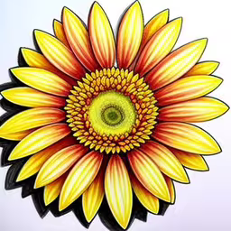 a drawing of a sunflower,an art work showing the image of a sunflower,this is an image of a sunflower drawn with colored pencils,a drawing of a yellow and red flower,a sunflower is depicted on a white paper