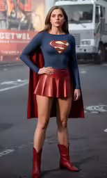 a woman with a super hero costume standing in the street