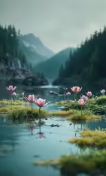 several lotuses in water with a river in the background