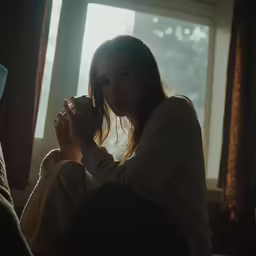 a woman sits on the couch and stares to the left