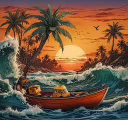 a painting of a boat on the water near a beach,an image of a painting that looks like a boat coming up a river
