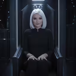 woman sitting in a chair with a glowing ring