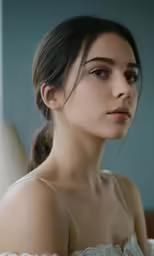 a young woman is staring into the distance