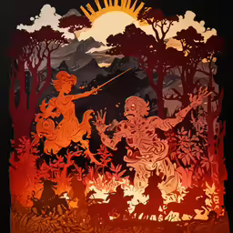 a stylized painting of two women fighting over a forest