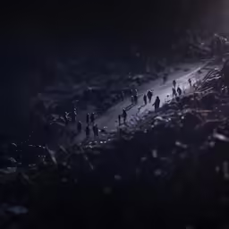 a group of people walking through a snow covered forest