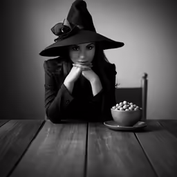 woman dressed in black with hat sitting at table with bowl and plate