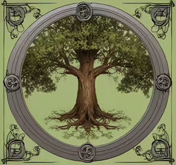 a tree with the roots in a circle around it,the picture has a tree inside it