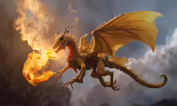 a gold dragon is flying above the clouds