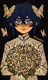 a girl with blue eyes holds some flowers